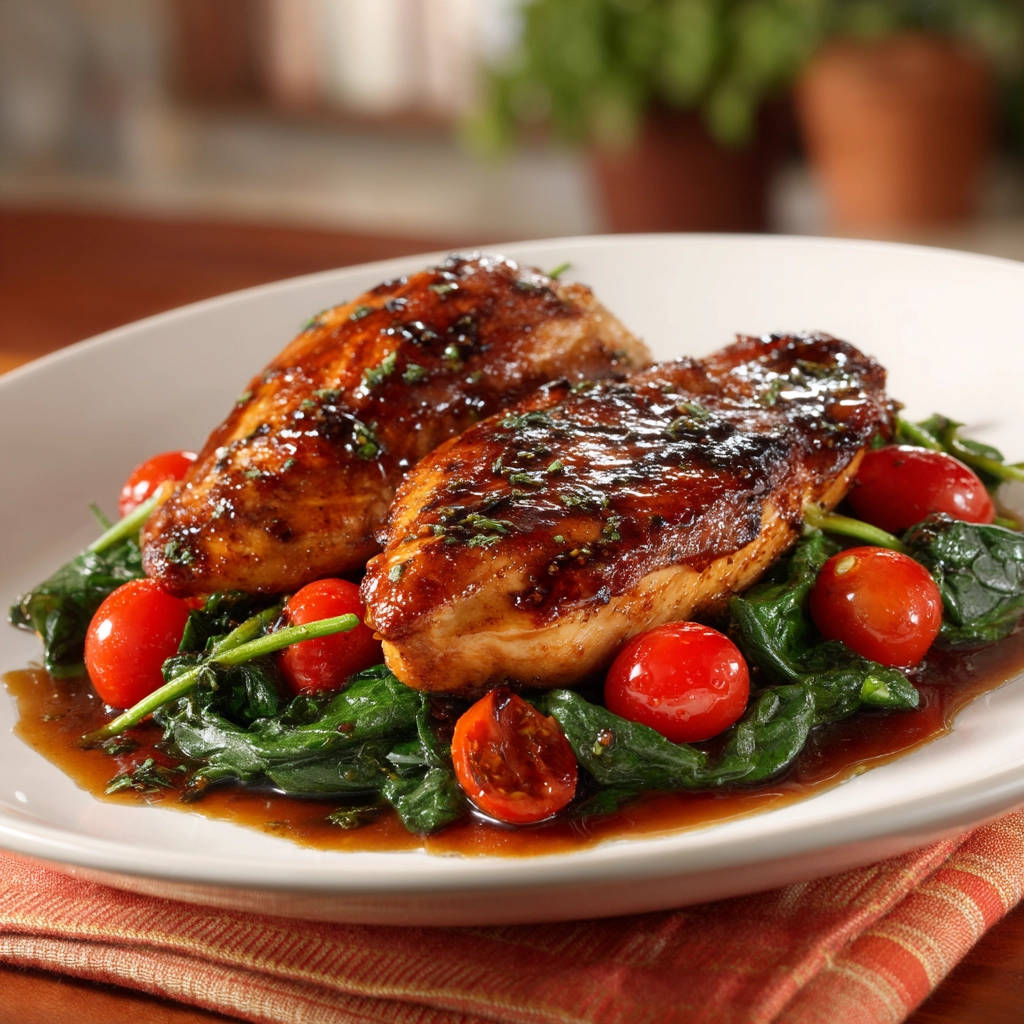Glazed skillet chicken plated with two juicy breasts over wilted spinach and cherry tomatoes.