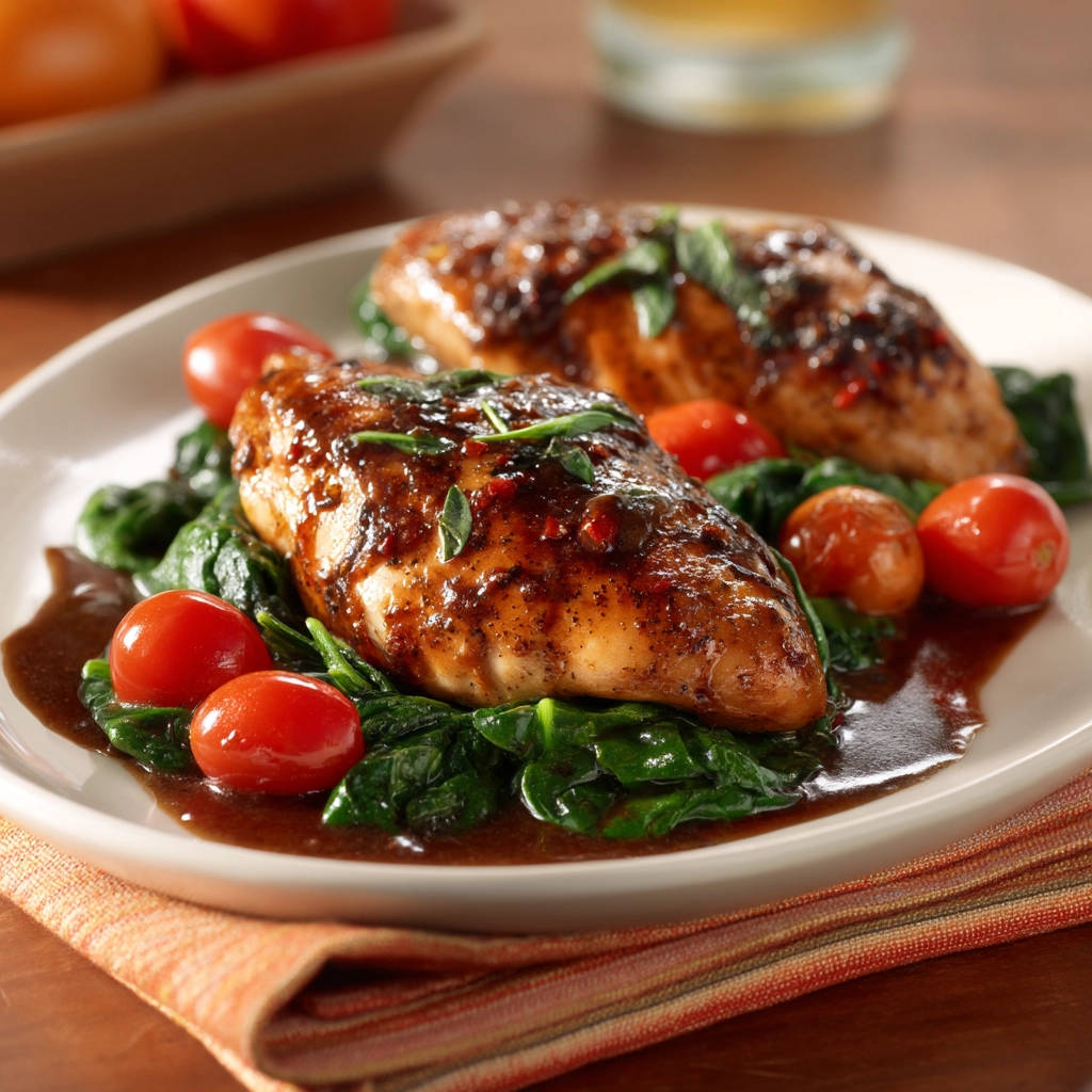 Glazed skillet chicken served with wilted spinach and cherry tomatoes on a white plate.