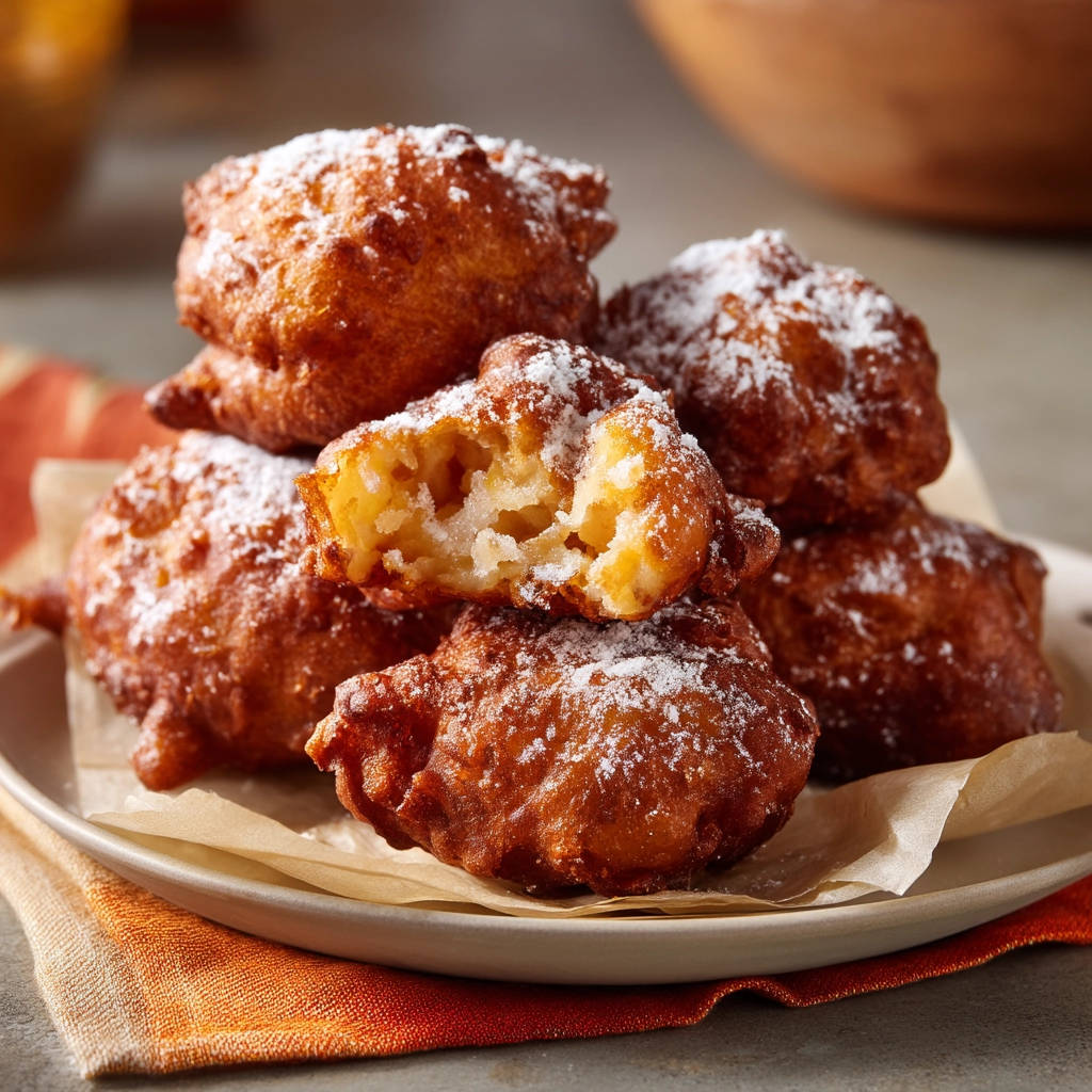 Golden apple fritters cross-section dusted with powdered sugar, showing a fluffy interior.