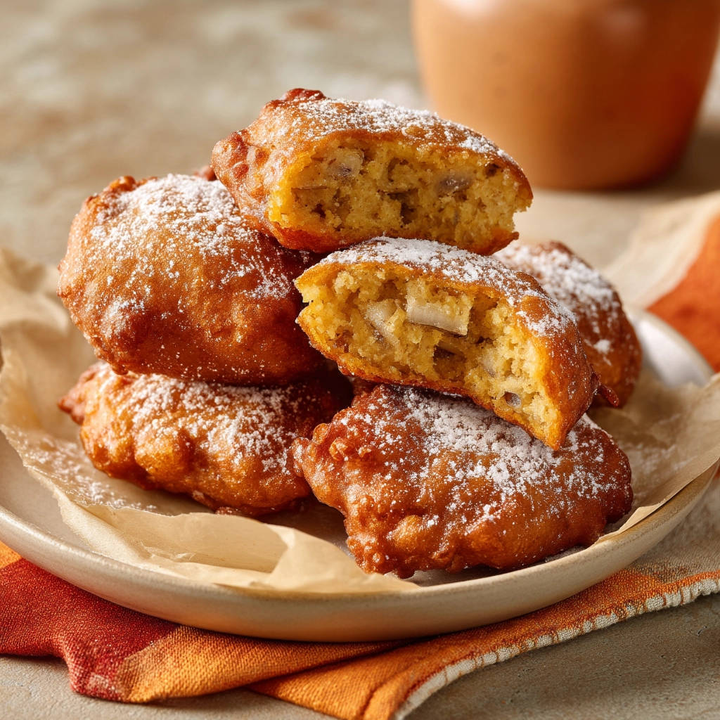 Golden apple fritters cross-section showing fluffy interior with apple pieces, dusted with powdered sugar.
