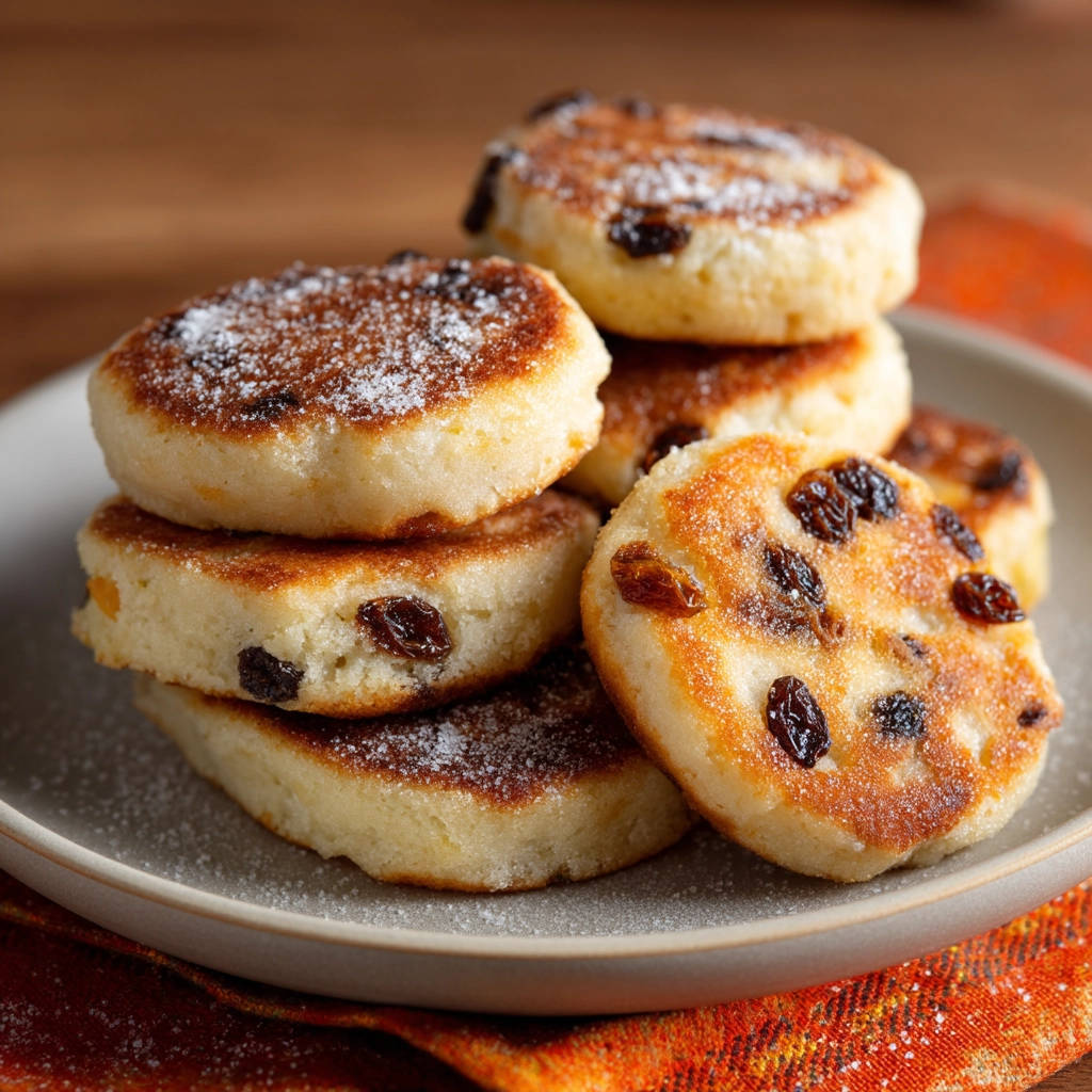 Golden griddle cakes stacked high and dusted with powdered sugar, showcasing their golden-brown crust and plump raisins.