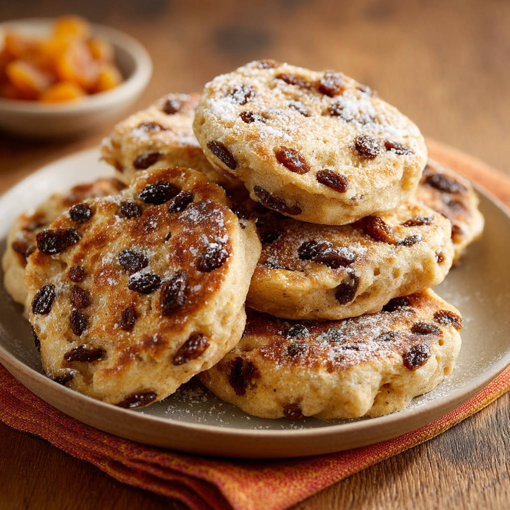 Golden griddle cakes stacked on a plate, dusted with powdered sugar and studded with raisins.