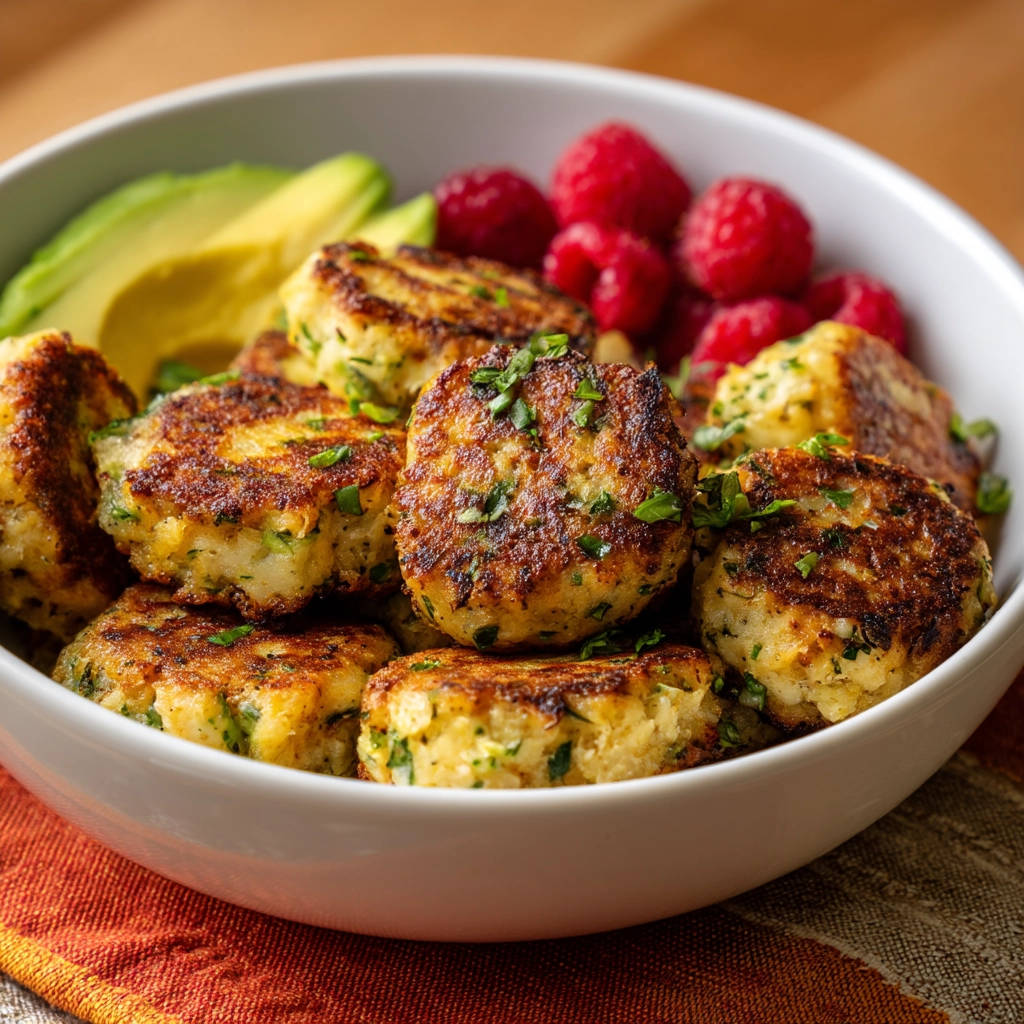 Golden savory bites shown in a close-up in a white bowl with avocado and raspberries.