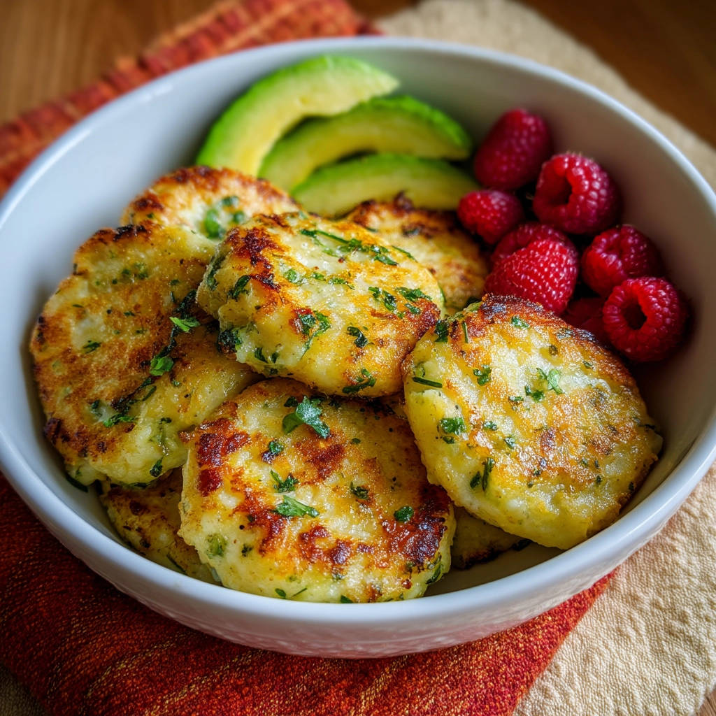 Golden savory bites in a white bowl with sliced avocado and fresh raspberries, a vibrant and fresh presentation.