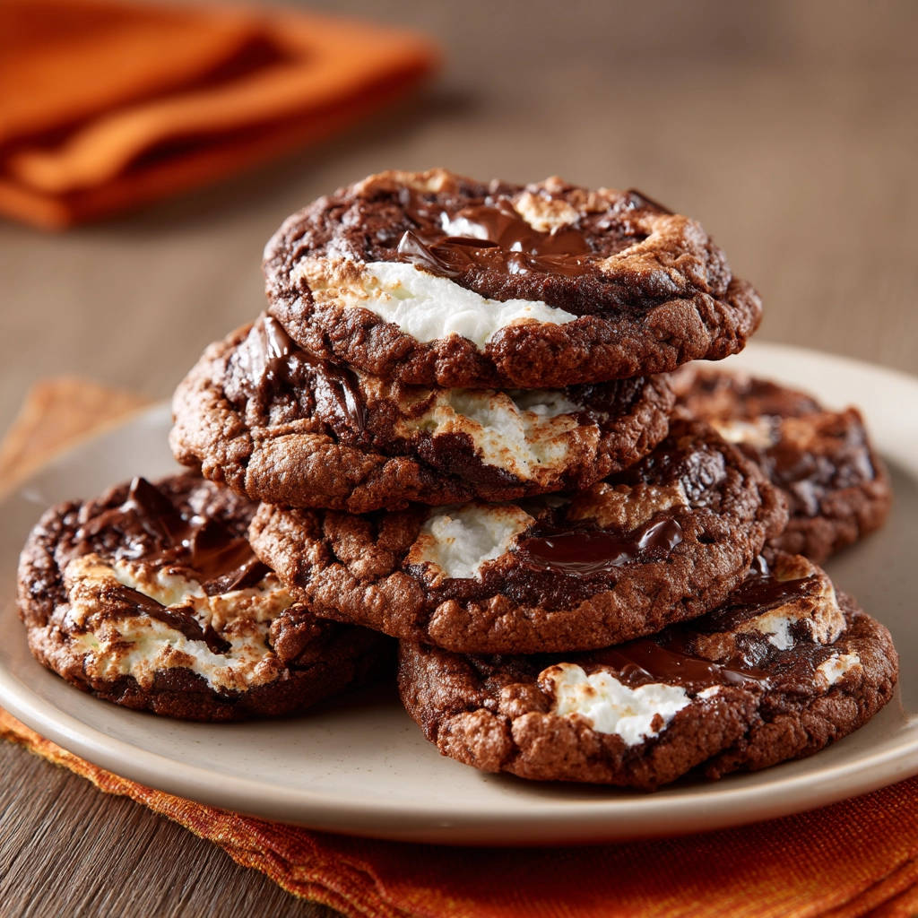 Gooey Chocolate Marshmallow S'mores Cookies stacked on a plate, showing melty marshmallow and chocolate in a close-up view.