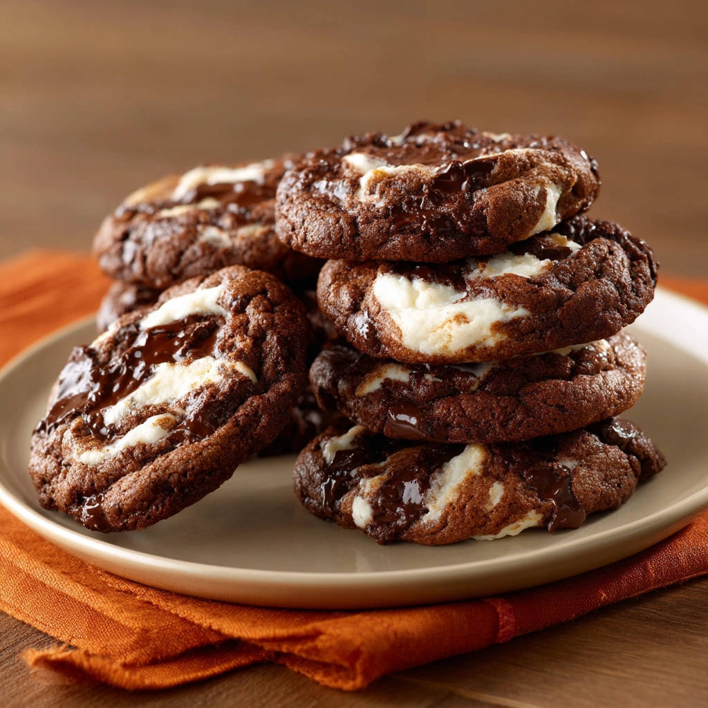 Gooey chocolate s'mores cookies are stacked high on a light-colored plate, showing their marshmallow and chocolate filling.
