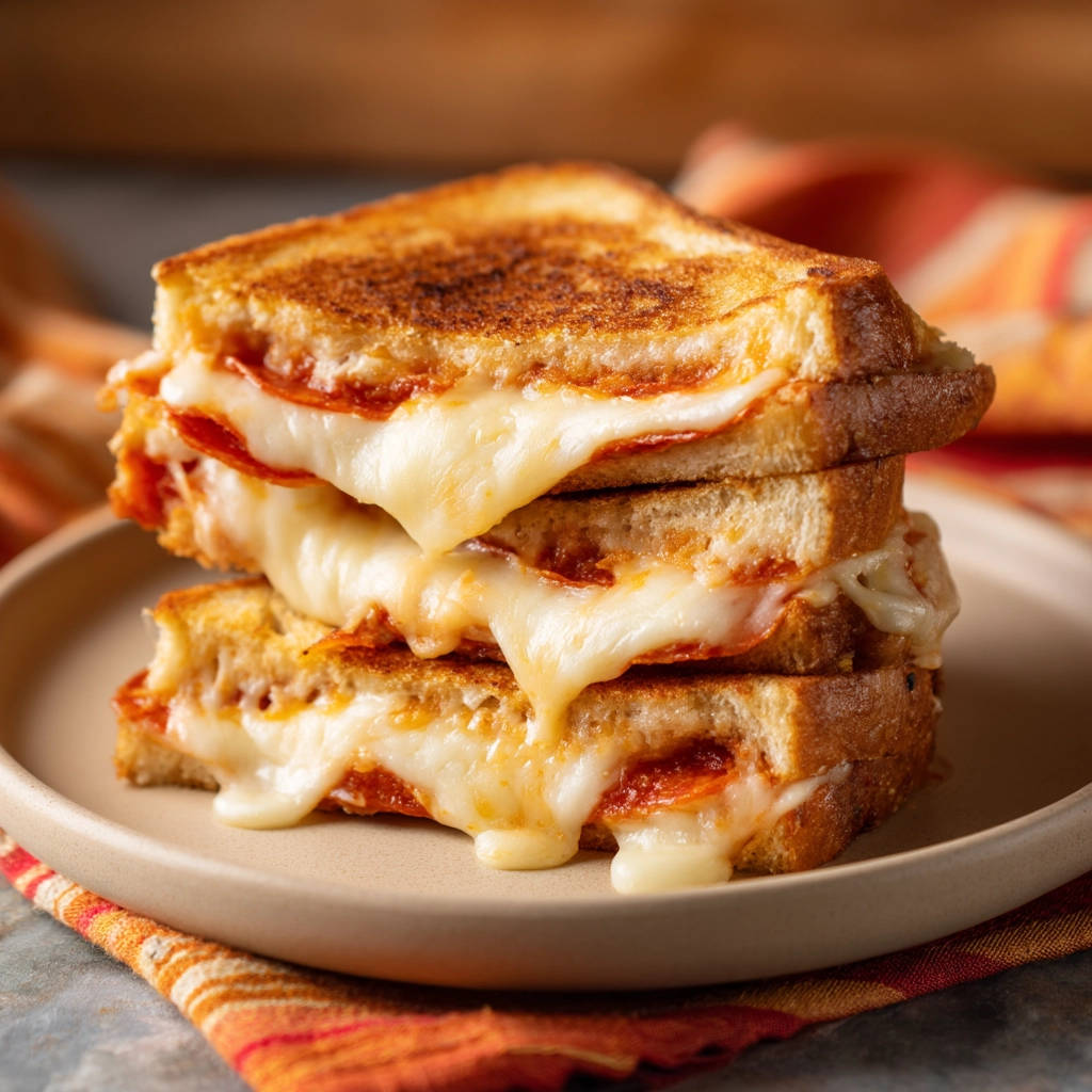 Gooey pepperoni pizza grilled cheese stack showing layers of melted cheese and pepperoni on toasted bread.