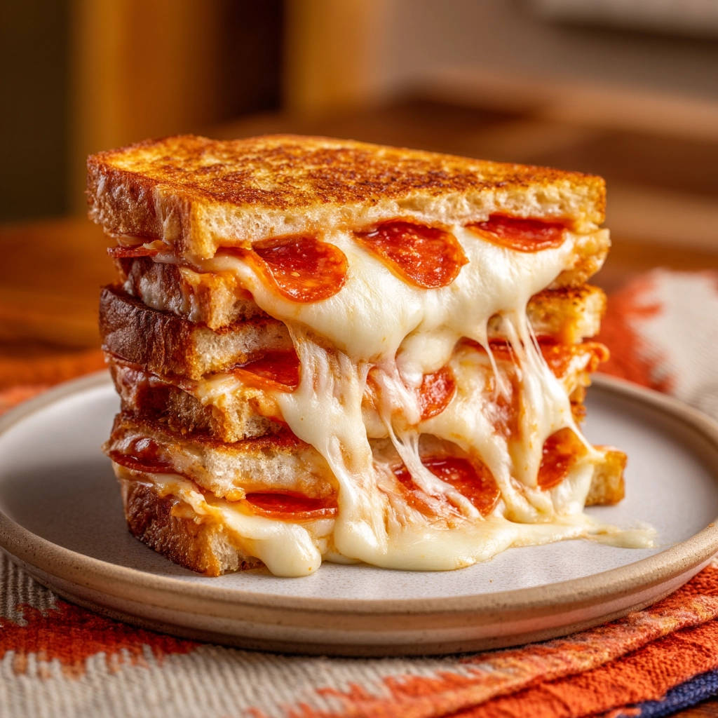Gooey pepperoni pizza grilled cheese stacked high, showcasing a melty cheese cross-section with dripping mozzarella and pepperoni slices.