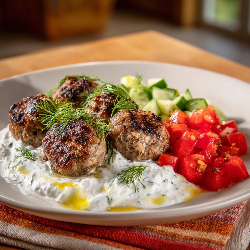 Juicy Greek keftedes plated with tzatziki, chopped tomatoes, and cucumber, garnished with fresh dill.