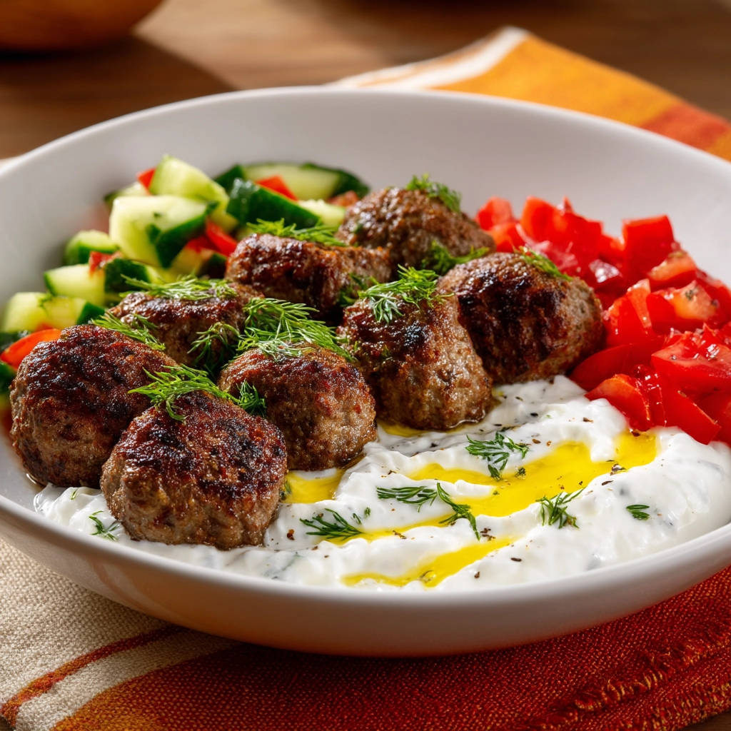 Juicy Greek keftedes served with creamy tzatziki, chopped tomatoes, and a refreshing cucumber salad.