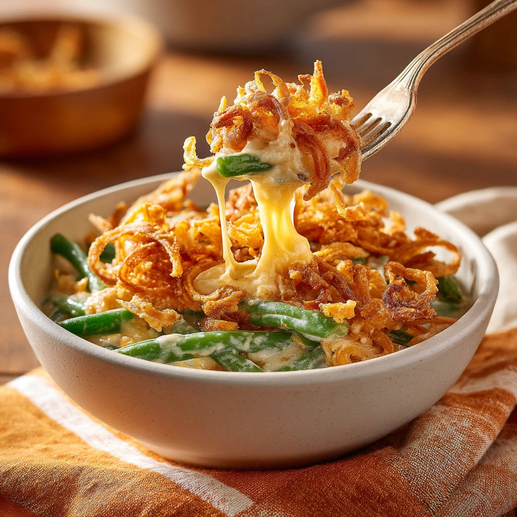 Classic green bean casserole with a forkful showing a cheese pull and fried onion topping.