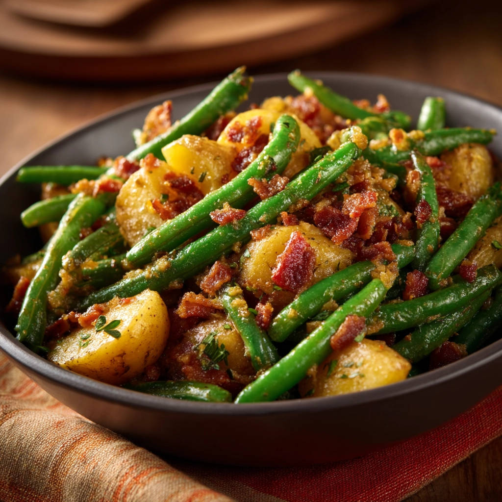 Green beans and potatoes with bacon served in a rustic bowl, a close-up view of the hearty side dish.