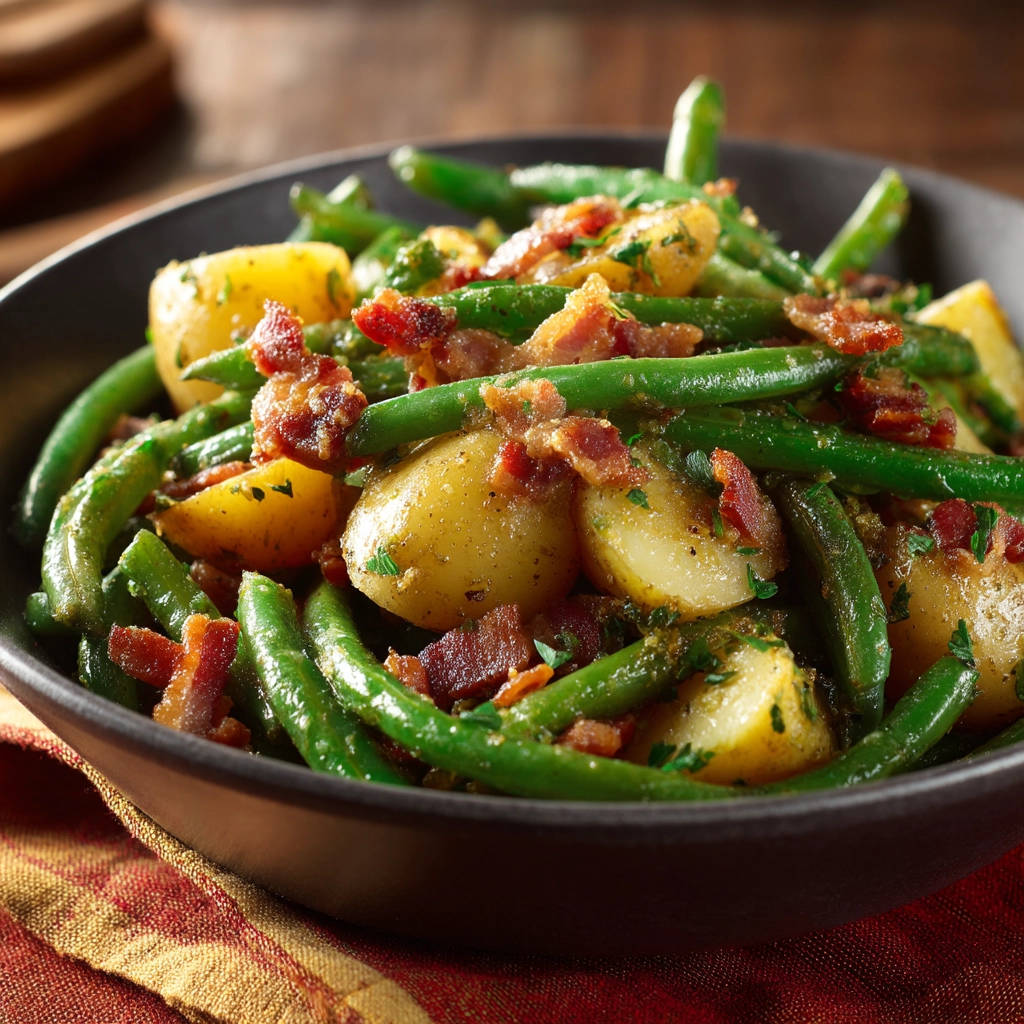 Green beans and potatoes with bacon in a close-up bowl, a hearty and flavorful side dish.
