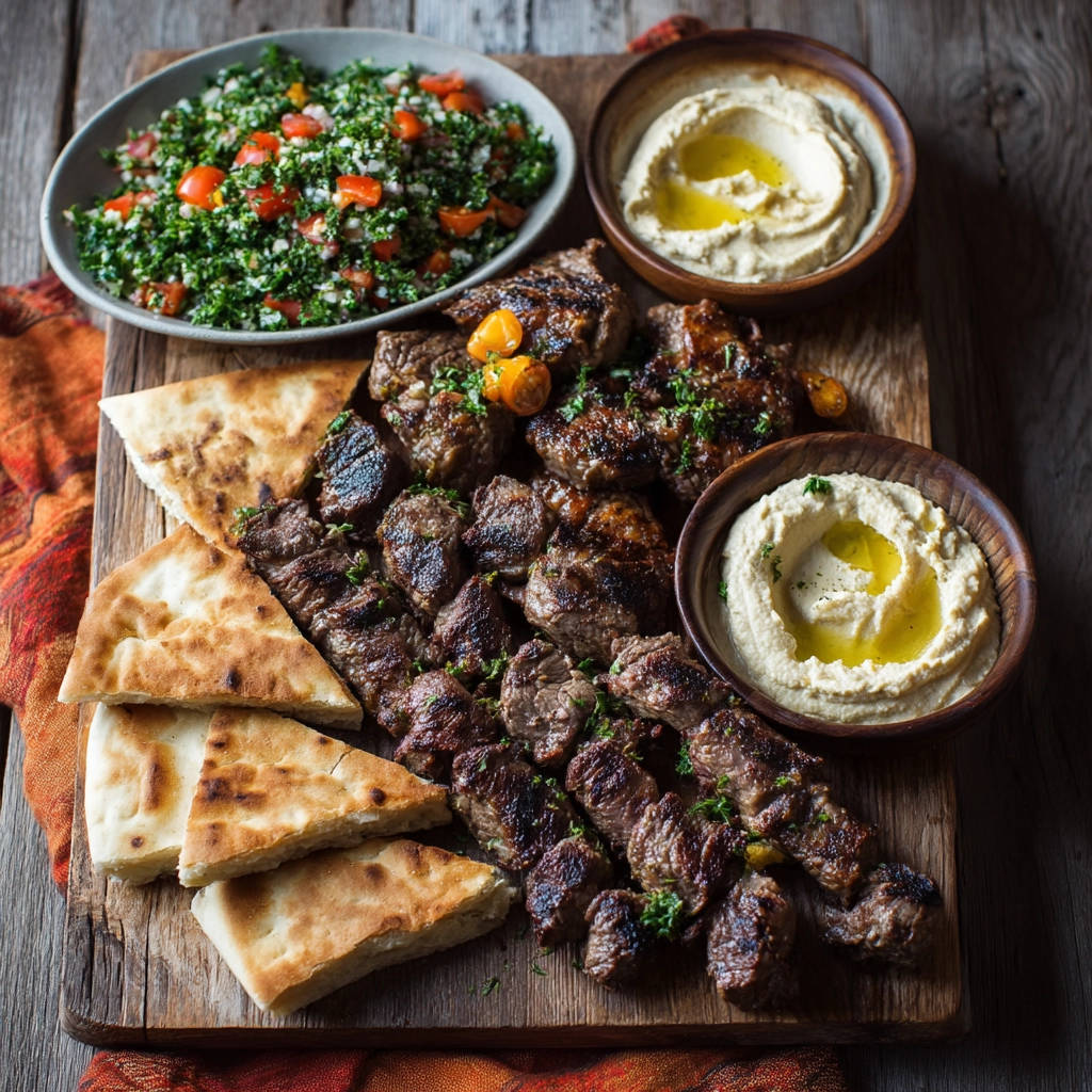 Grilled beef skewers served with hummus, tabbouleh, and pita bread on a wooden platter.