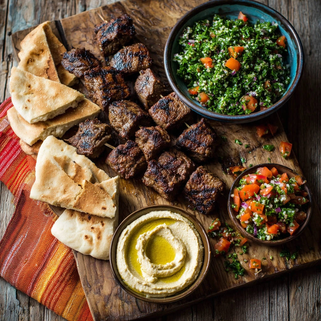 Grilled beef skewers served with pita bread, hummus, and tabbouleh salad on a wooden board.