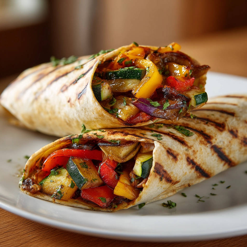 Grilled chicken and veggie wraps shown in a close-up cross-section, revealing colorful bell peppers, zucchini, and onions inside.