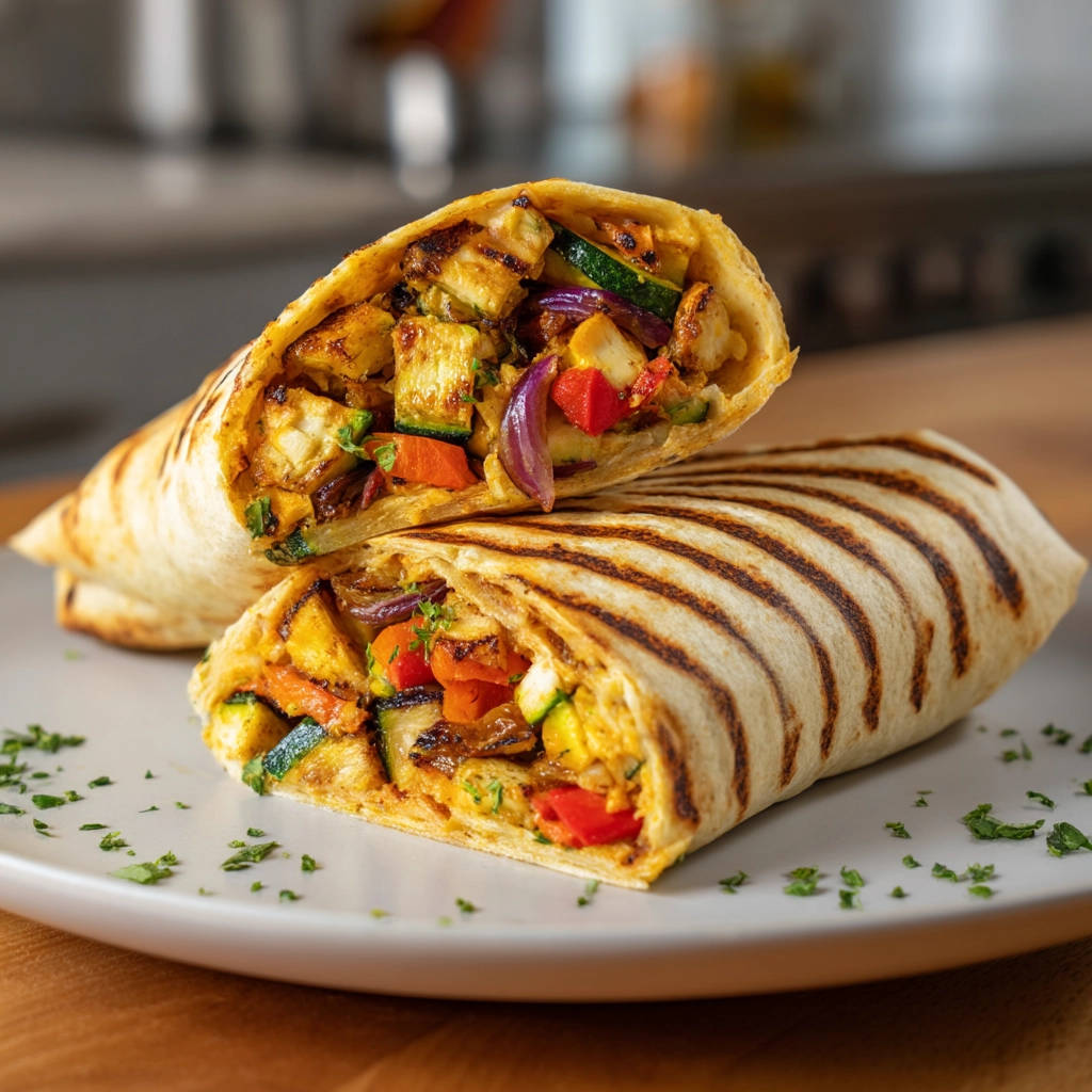 Grilled chicken and veggie wraps shown in a close-up cross-section revealing the colorful filling and grilled tortilla.
