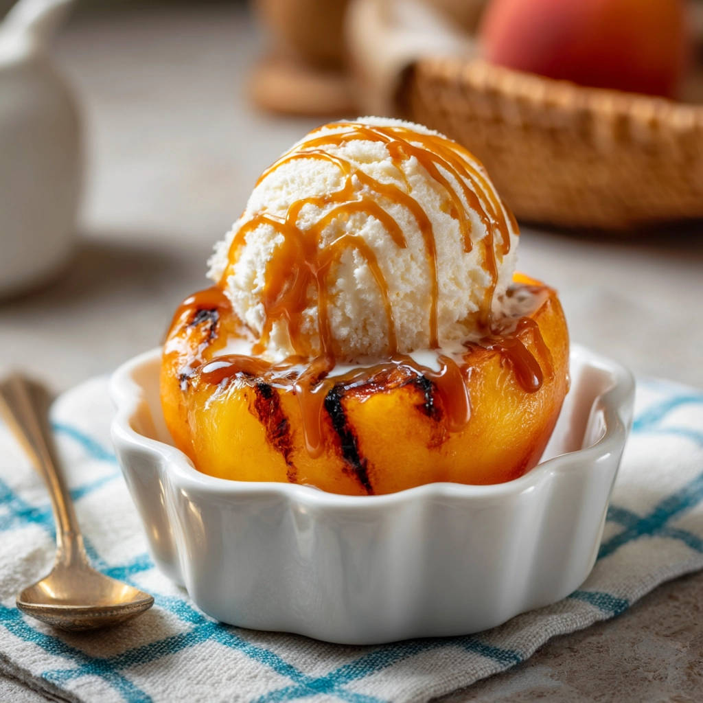 Grilled peaches with ice cream and caramel drizzle, served in a white bowl on a blue and white checkered napkin.