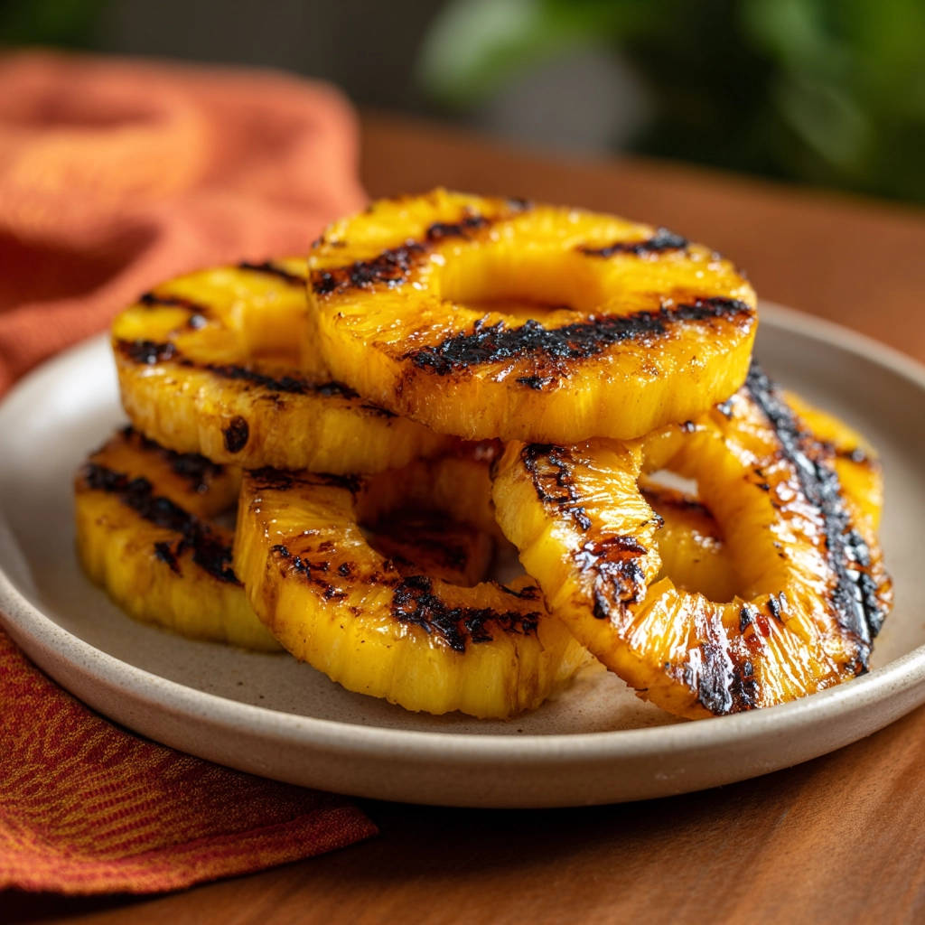 Easy grilled pineapple rings stacked on a plate, showcasing their charred grill marks and juicy texture.