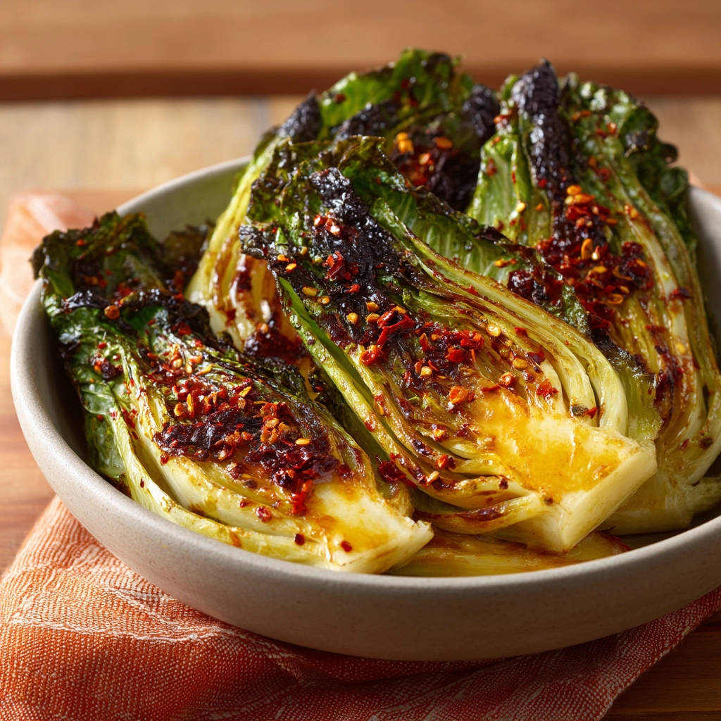 Grilled romaine hearts charred and glazed with chili flakes served in a bowl