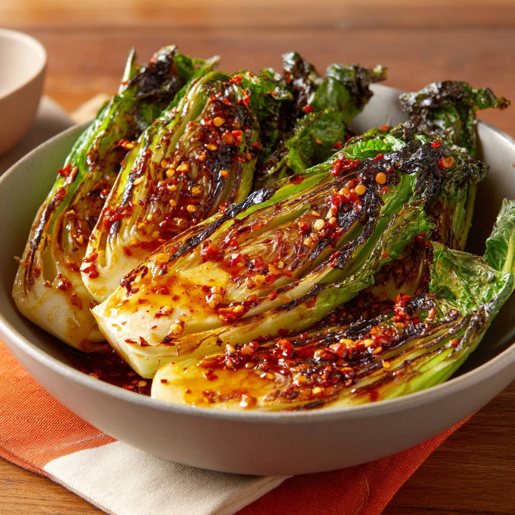 Grilled romaine hearts with chili flakes and glaze, showcasing a charred and tender interior.