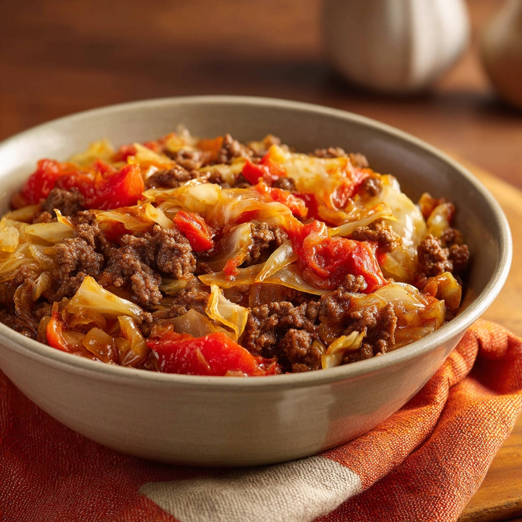 Ground Beef and Cabbage Skillet served in a close-up view of a rustic bowl with an orange napkin.