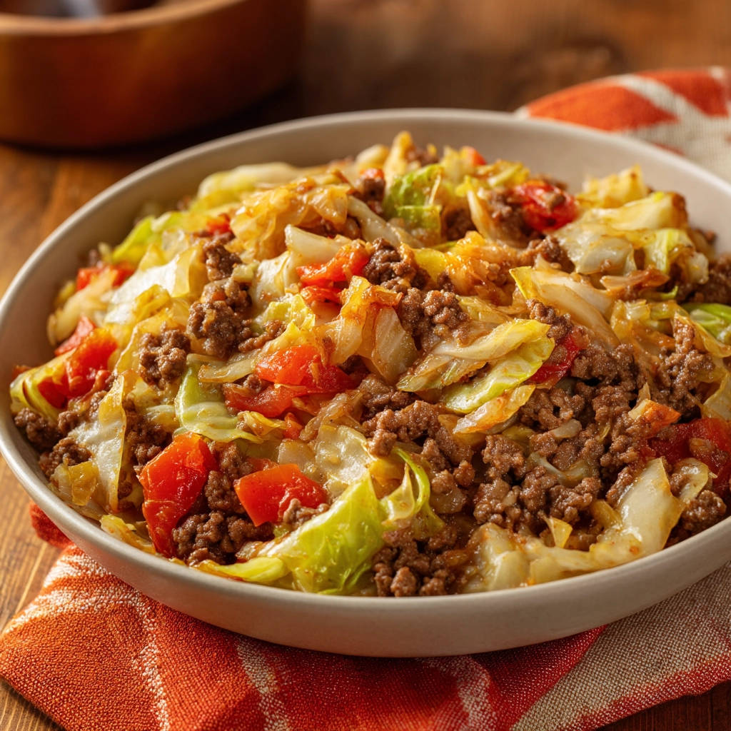 Ground beef and cabbage skillet served in a rustic bowl, showcasing a hearty mix of ingredients.