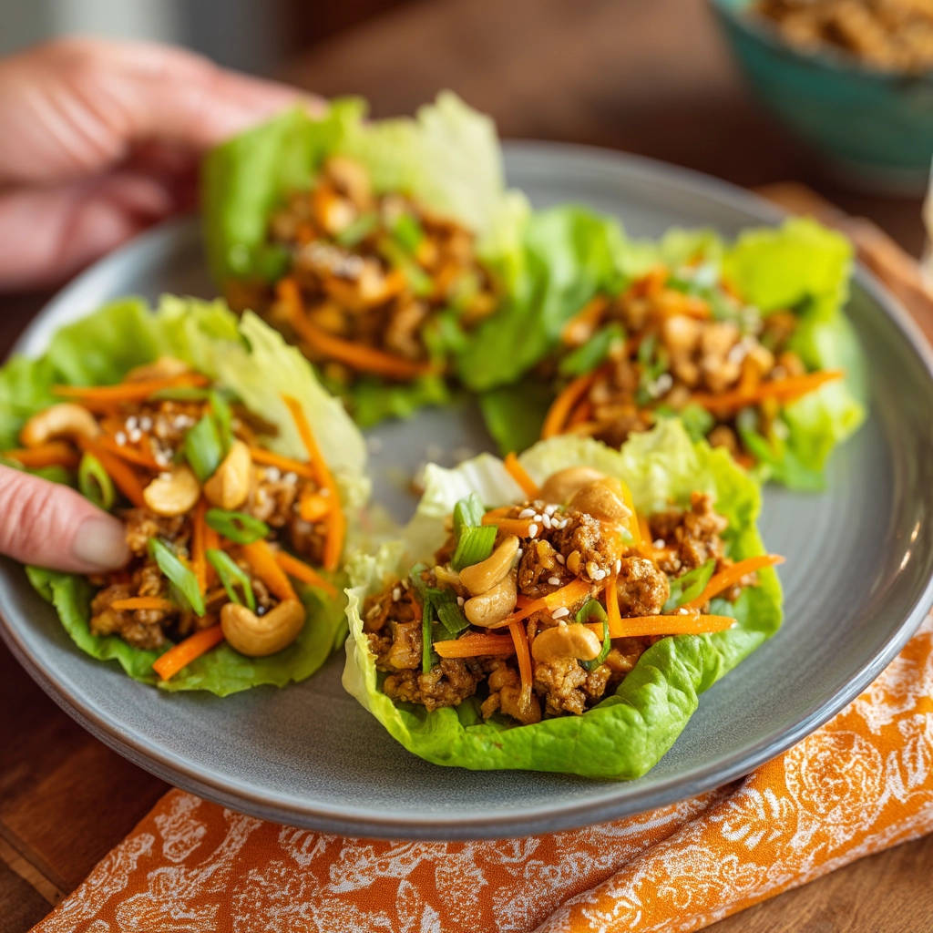 Flavorful ground meat lettuce wraps with cashews and carrots, served on a grey plate.
