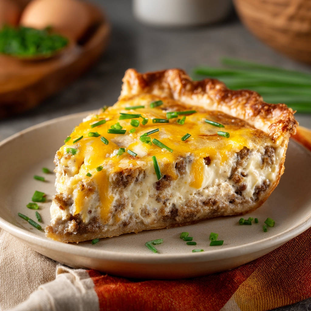 Savory ground meat pie shown as a plated cross-section with melted cheese and chives garnish.