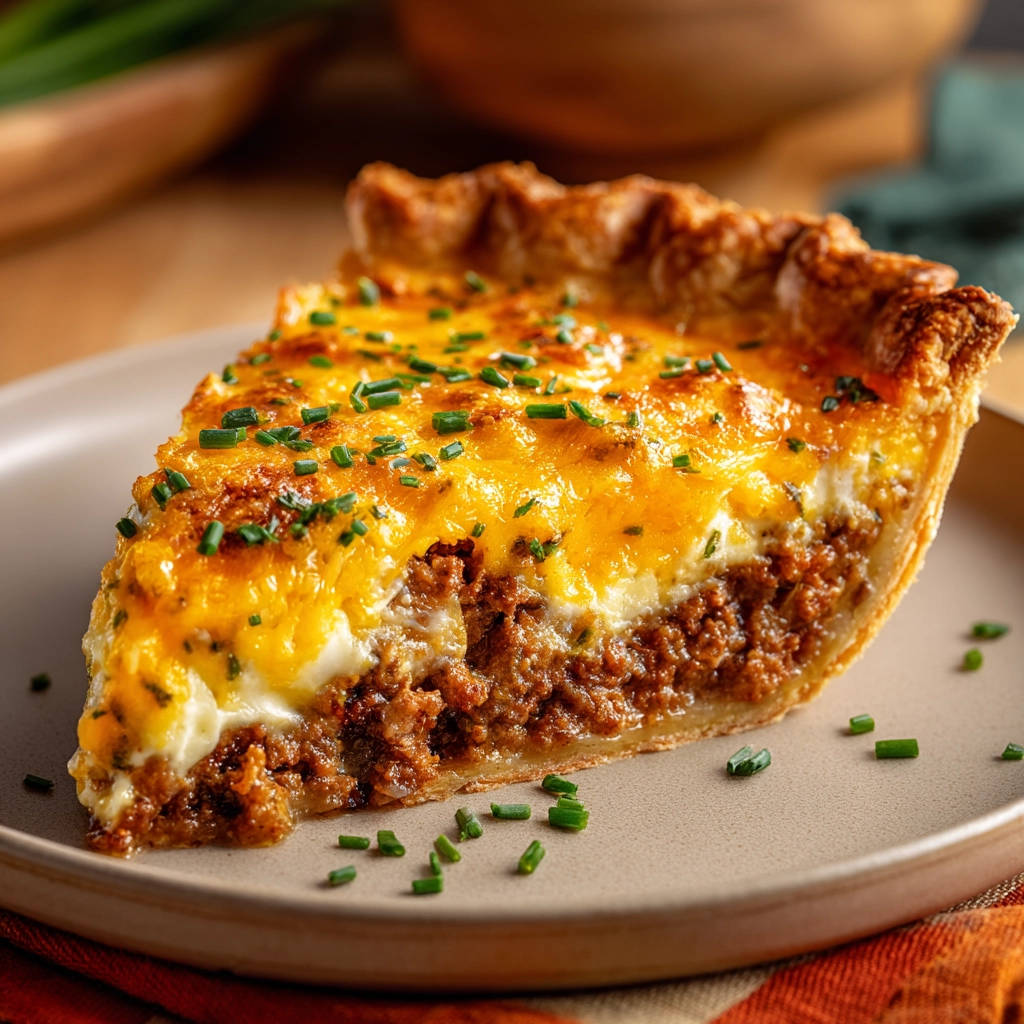 Savory ground meat pie sliced open to show a rich filling and golden crust, garnished with chives.
