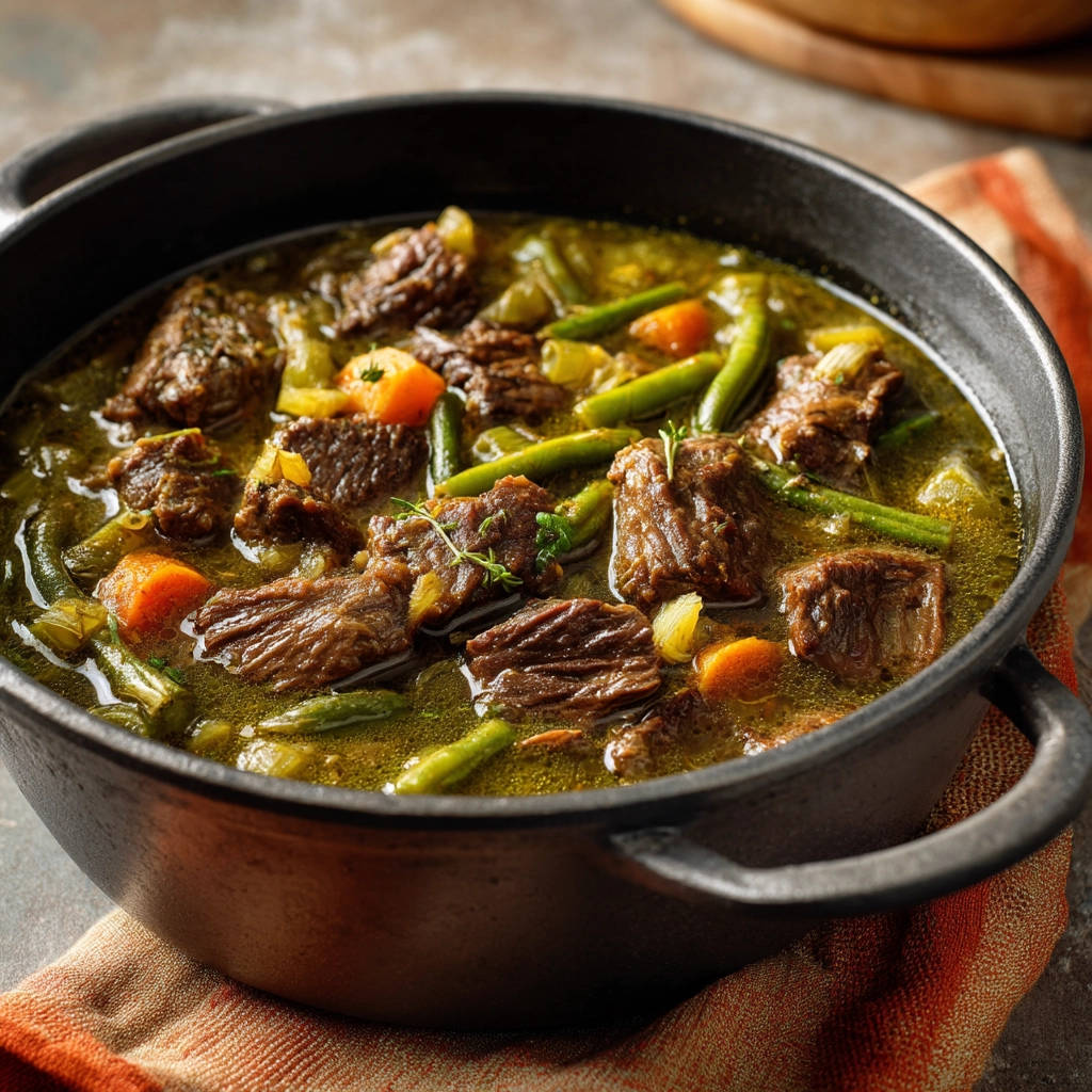 Hearty beef and greens stew shown in a close-up view within a black Dutch oven, featuring tender beef chunks and vibrant green beans.