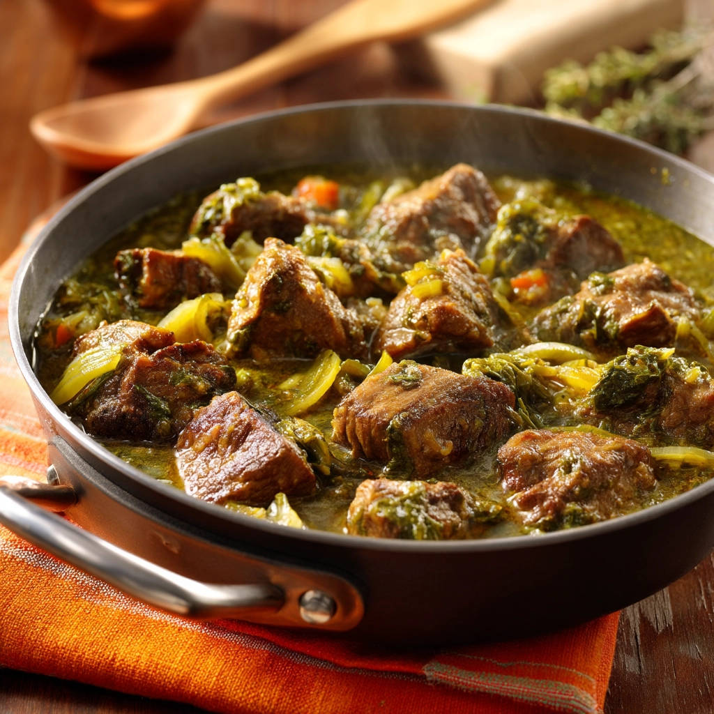 Hearty beef and greens stew shown simmering in a dark pan, with steam rising and tender chunks of meat visible.