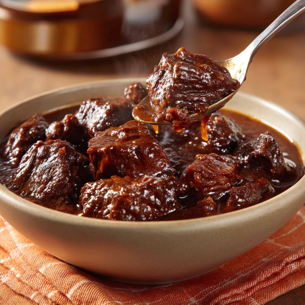 Hearty beef stew with tender meat being lifted on a spoon, showing the rich sauce texture.