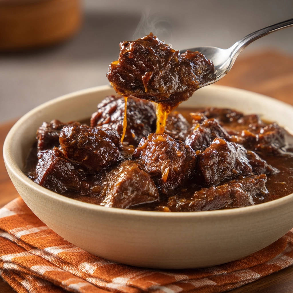 Hearty beef stew with tender meat being lifted from a bowl on a spoon, showing steam.