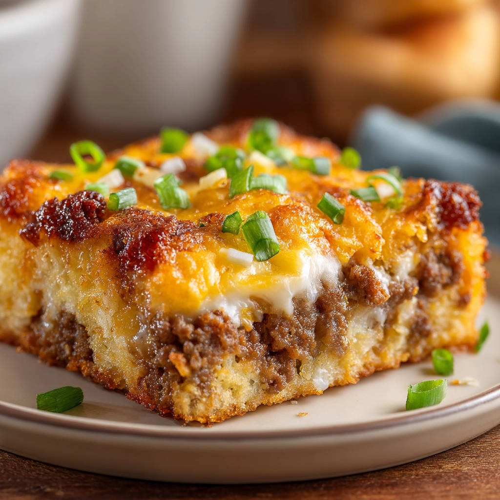 Hearty breakfast bake cross-section showing layers of sausage, egg, and cheese, garnished with green onions.