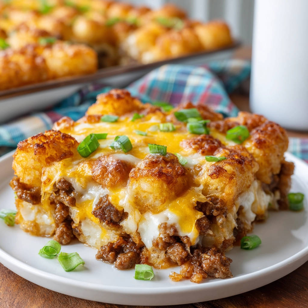 Hearty breakfast bake served as a plated slice, showcasing layers of tater tots, seasoned ground beef, and melted cheese with green onions.