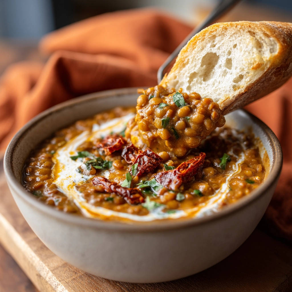 Hearty lentil soup with sun-dried tomatoes and a swirl of cream, being dipped with a piece of crusty bread.