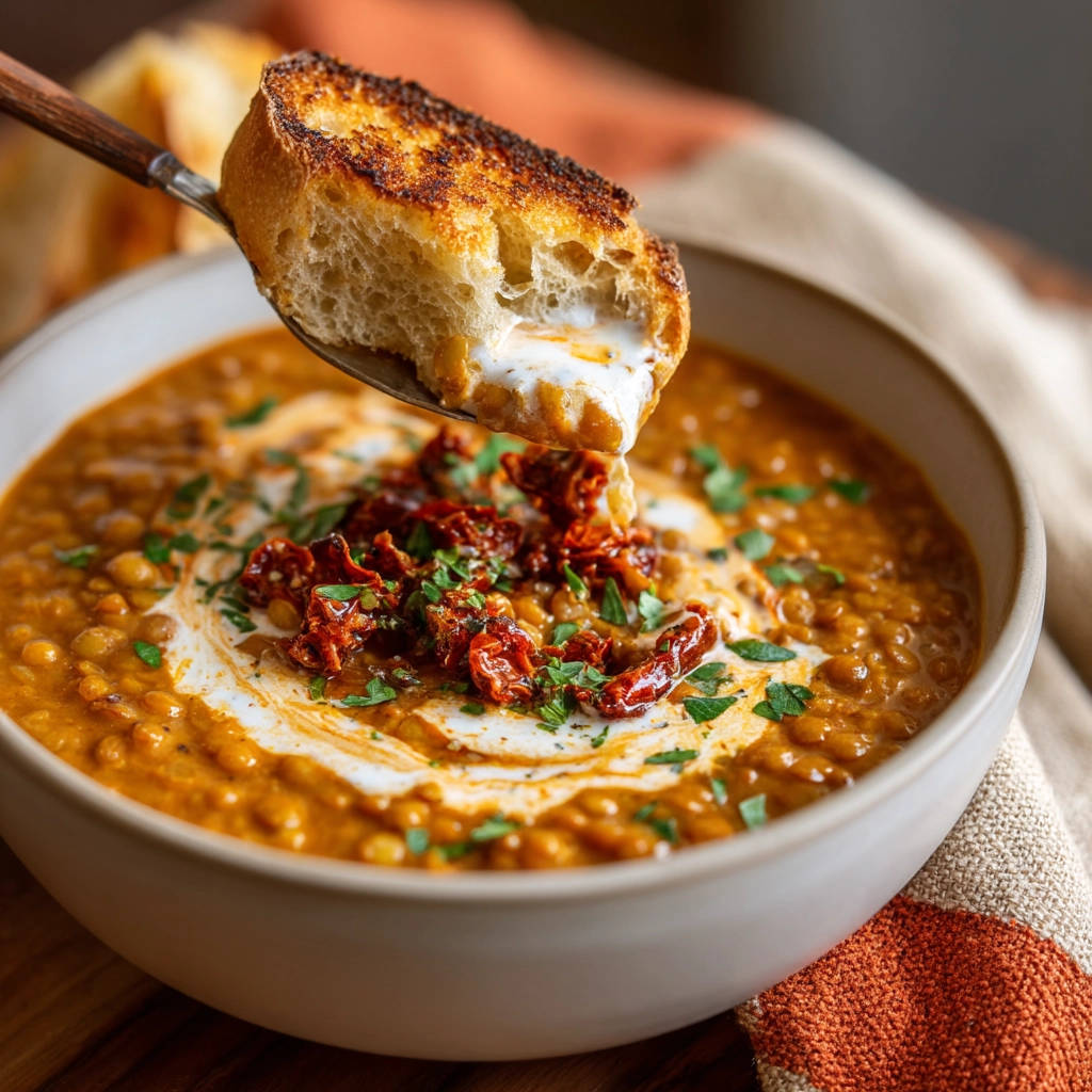 Amazing hearty lentil soup with a piece of toasted bread dipped into the creamy swirl.
