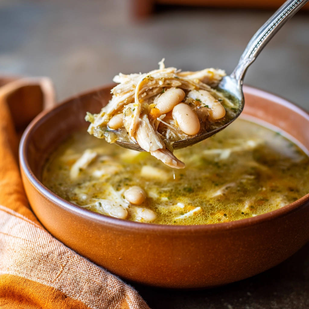 Hearty white chicken chili shown as a spoonful being lifted, revealing tender shredded chicken and white beans.