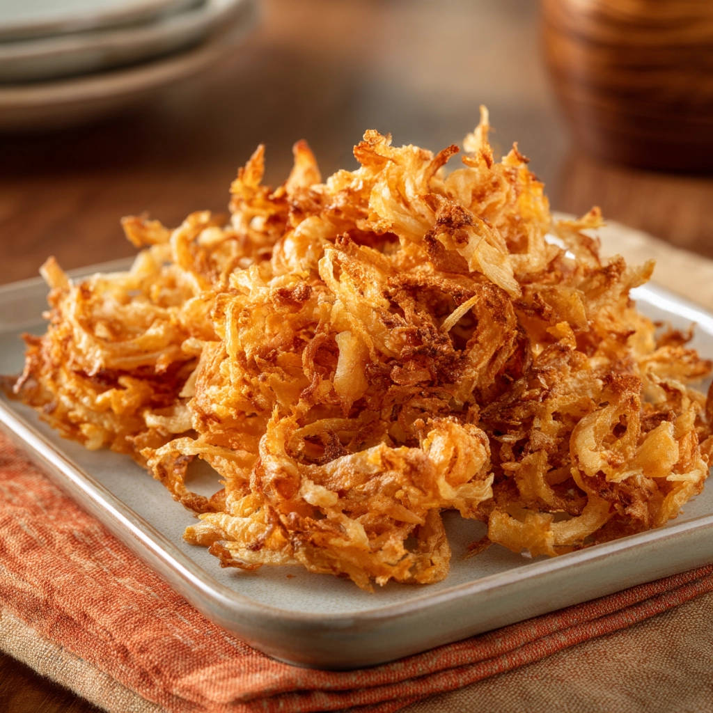 Homemade fried onion strings piled high on a light grey square plate, showcasing their golden-brown texture.