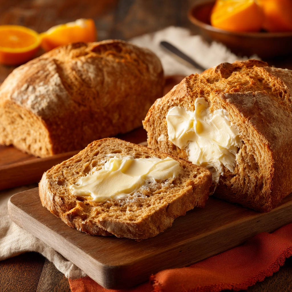 Homemade loaf bread, a slice generously spread with butter, showcasing its fluffy texture.