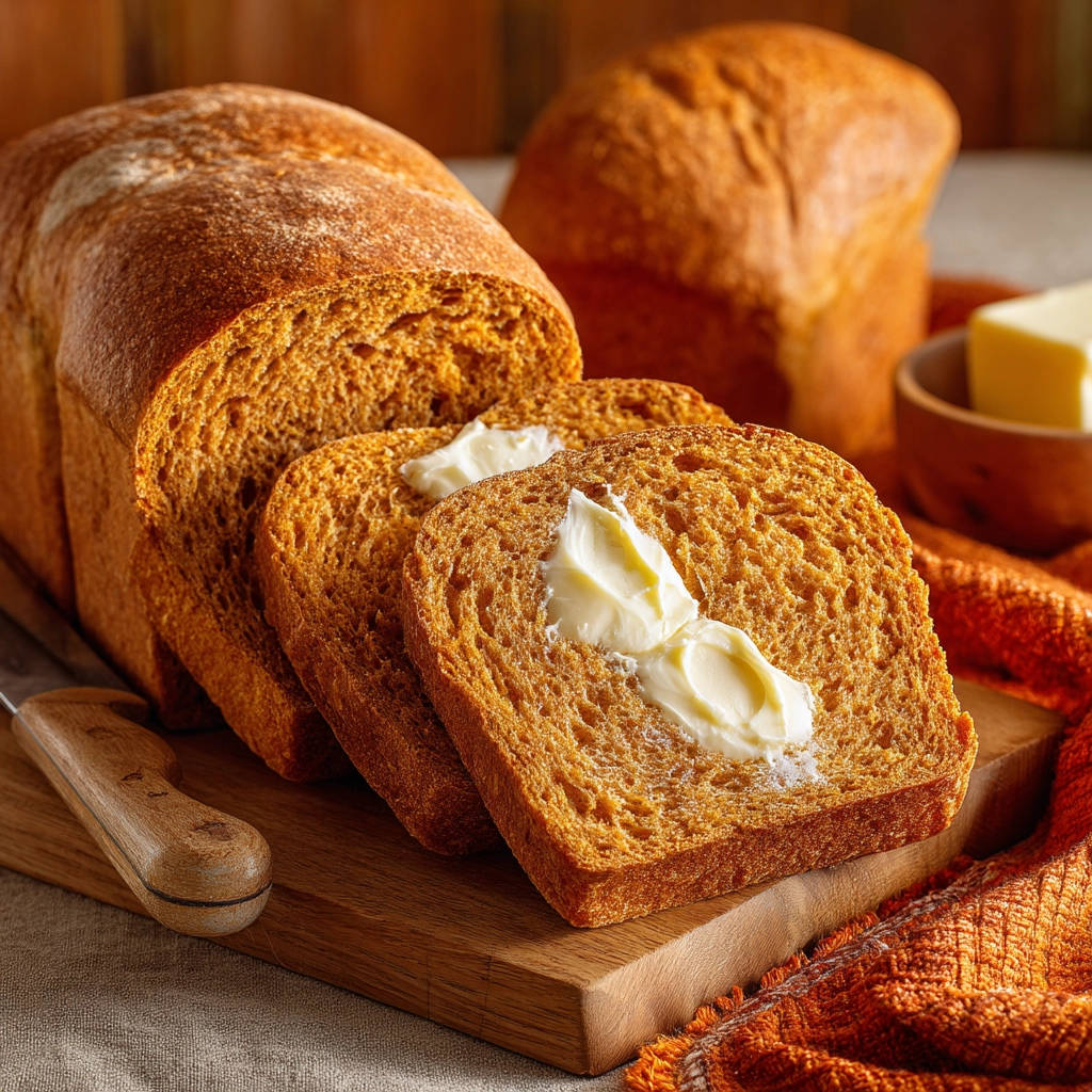 Homemade loaf bread, sliced and topped with melting butter, on a wooden cutting board.