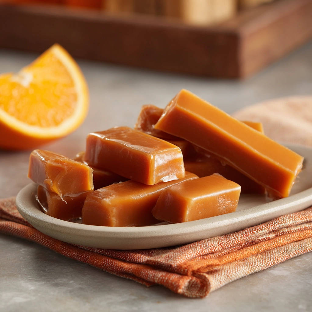 Homemade orange caramel candy shown in a close-up on a small plate with a slice of orange in the background.