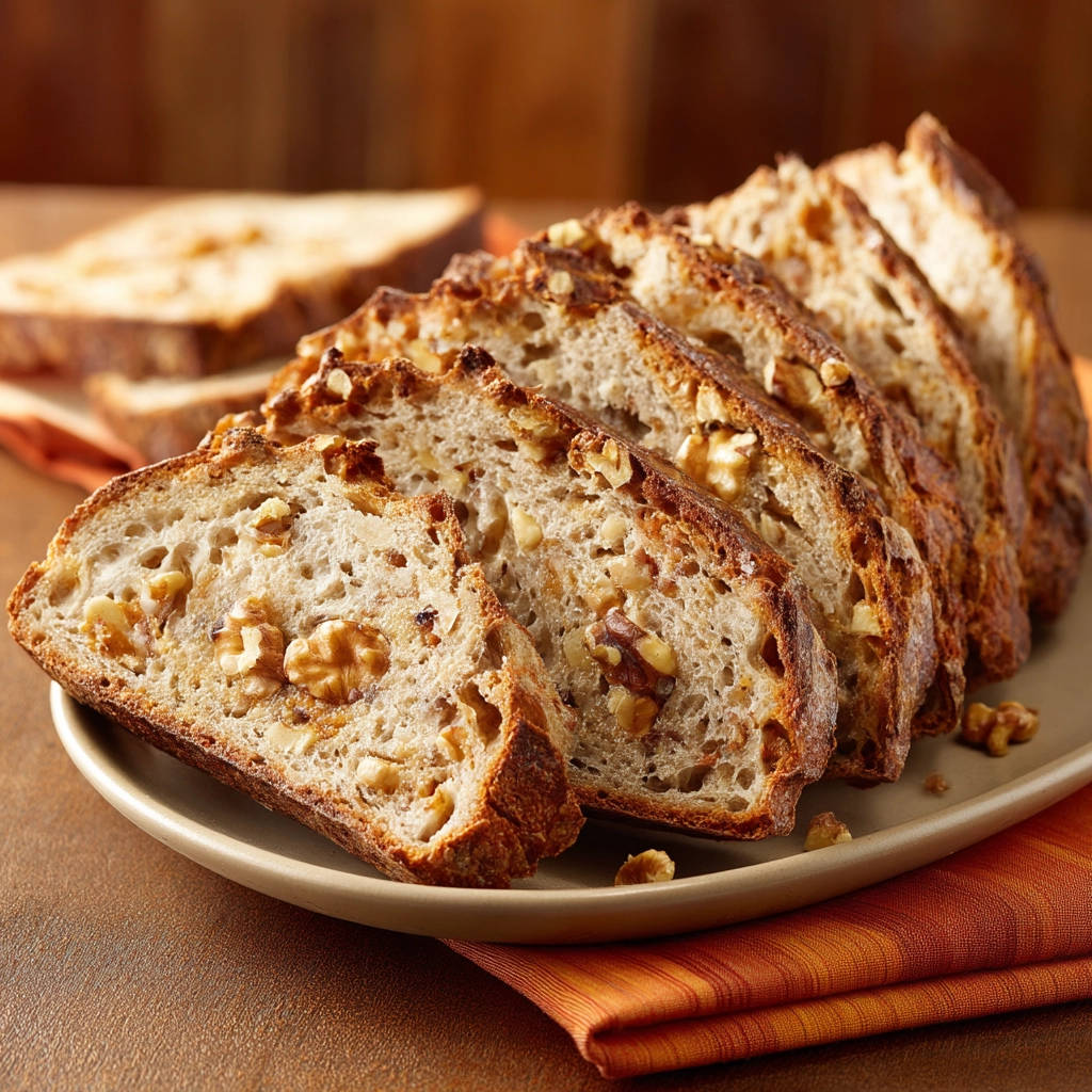 Homemade walnut bread with an open crumb structure, showcasing a close-up view of a sliced loaf with visible walnuts.