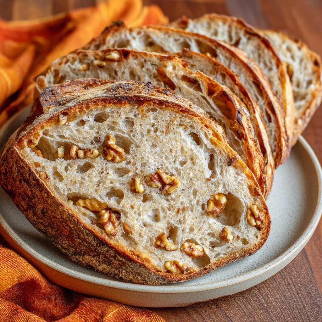 Homemade walnut bread with an open crumb cross-section, showcasing the airy interior and walnut pieces.