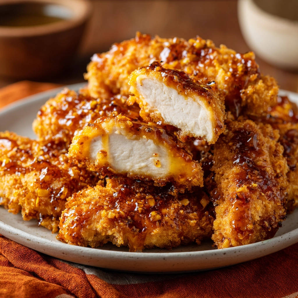Crispy honey garlic chicken tenders shown in a close-up cross-section revealing their tender interior and golden breading.