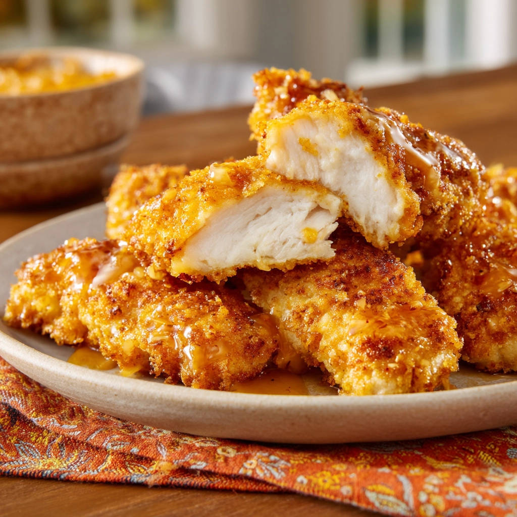 Crispy honey garlic chicken tenders shown in a close-up cross-section, highlighting the tender interior and glistening glaze.