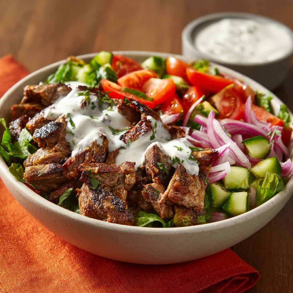 Juicy beef salad drizzled with creamy sauce, served with fresh vegetables and a side of dressing.