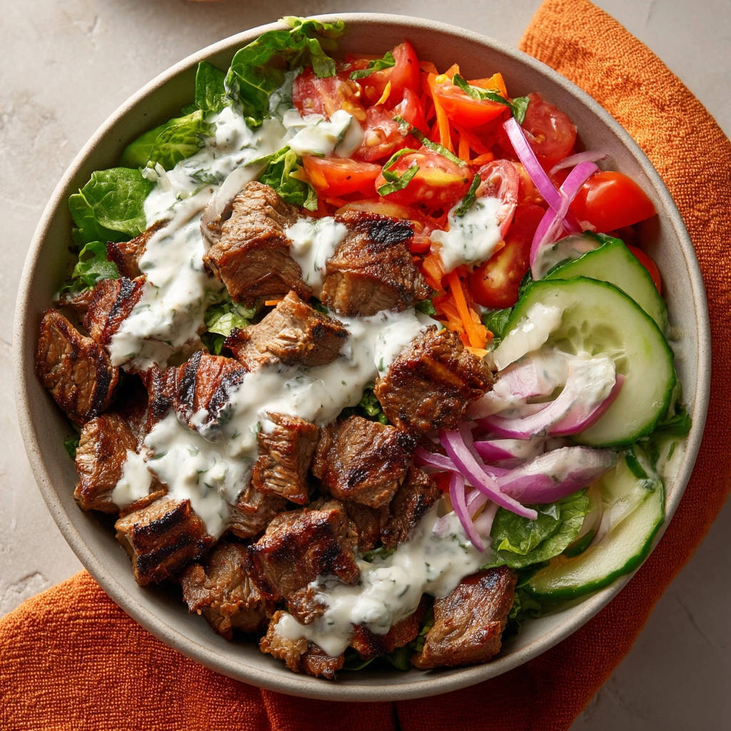 Juicy beef salad in a bowl, featuring overhead view with close-up details of grilled steak and fresh vegetables.