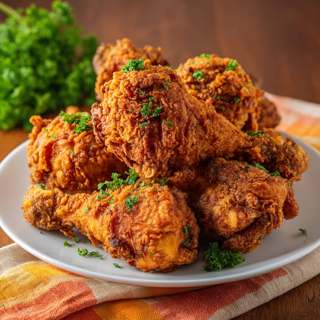 Juicy classic crispy fried chicken drumsticks piled high on a white plate, garnished with fresh parsley.